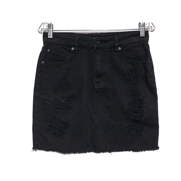 Volcom Black Denim Jean Mini Skirt Womens S 4 / 6 High Rise Distressed Raw Hem - Picture 1 of 11